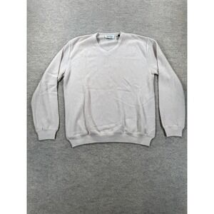 Tuttle Mens Large Beige Baby Alpaca Wool V Neck Tight Knit Ribbed Sweater Peru